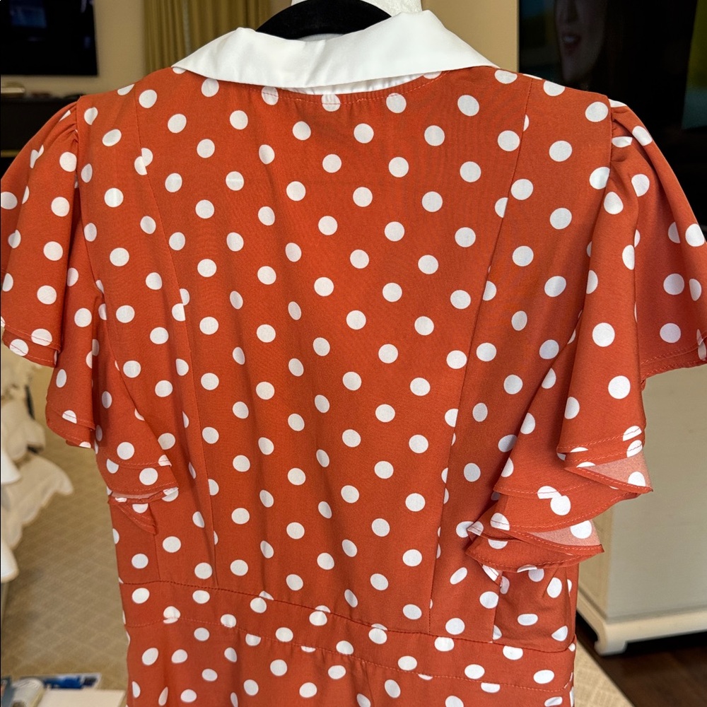Aiden - Women’s Orange Polka Dot Mini Dress w/ White Collar - Size: Medium - Picture 6 of 10